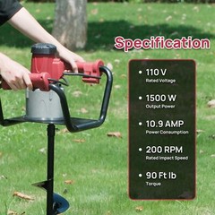 1500W Electric Post Hole Digger Earth Auger with 6″” Digging Auger Bit