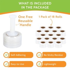 Mini Stretch Wrap Shrink Film, 18 Rolls, 3″x1000′, 50 Gauge, with Plastic Handle
