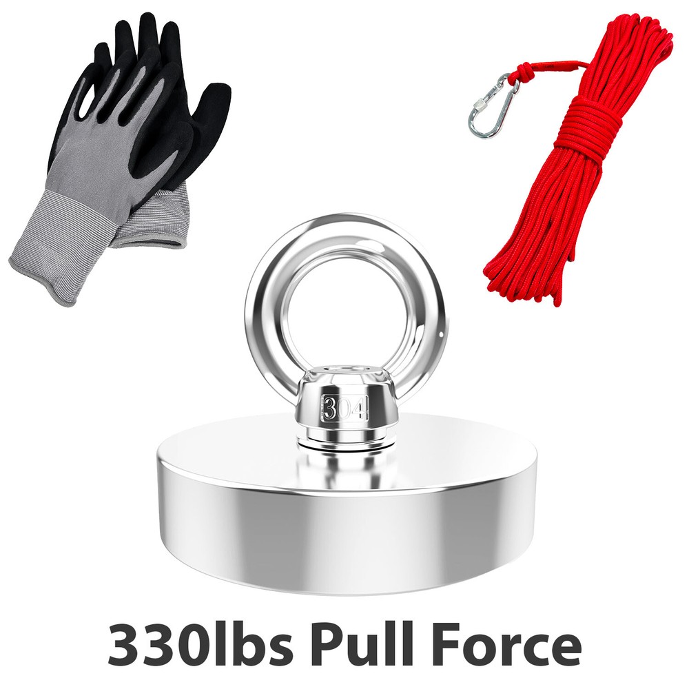 330lb Heavy-Duty Strong Neodymium Fishing Magnet with 65ft Nylon Rope and Gloves