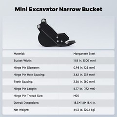 12 in 300mm Narrow Bucket For 0.8-1.8 Tons Mini Excavator Attachments