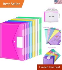 12 Eco-Friendly Plastic Folders with Colorful Snap Closure and Labeling Pockets