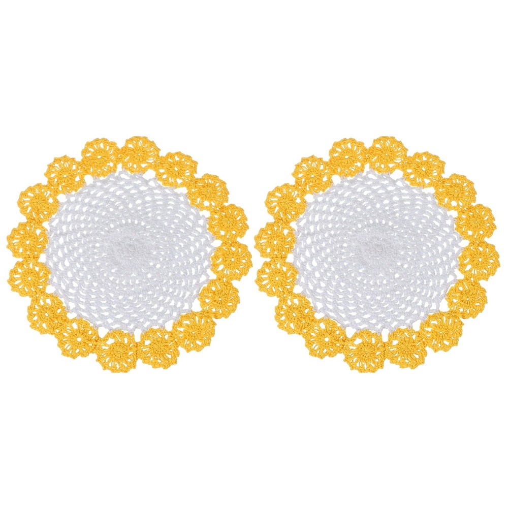 2Pcs Crochet Handmade Doilies 8.2″ Placemats Lace Coasters White, Dark Yellow