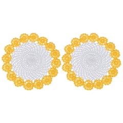 2Pcs Crochet Handmade Doilies 8.2″ Placemats Lace Coasters White, Dark Yellow