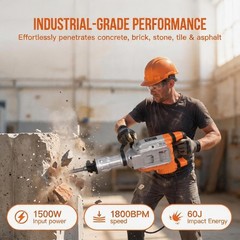 1500W Electric Demolition Jack-Hammer, 1800 BPM Heavy Duty Jack-Hammer Concrete