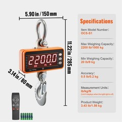 Digital Crane Scale, 2200 lbs/ 1000 kg, Industrial Heavy Duty Hanging Scale with