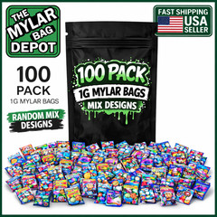 100 Pack 1g Mylar Bags Assorted Designs Smell Proof Resealable Zip Pouches