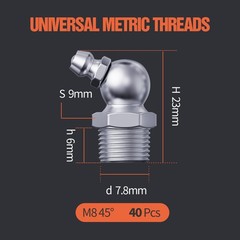 M8 Zerk Grease Fittings, Metric Grease Nipples with 45-Degree Angle, Grease F