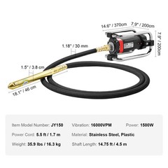 VEVOR Electric Concrete Vibrator 1500W 14-3/4 feet Poker to Remove Air Bubbles
