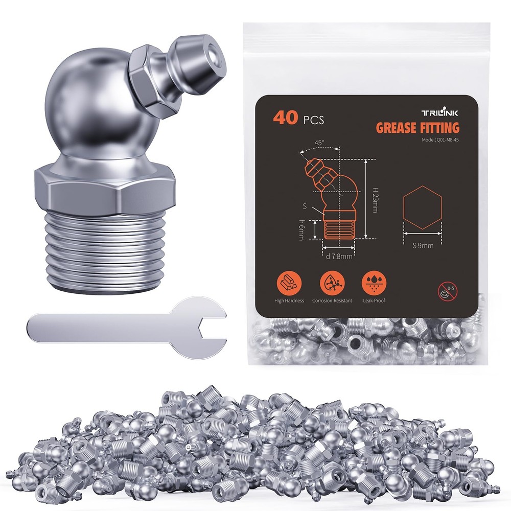 M8 Zerk Grease Fittings, Metric Grease Nipples with 45-Degree Angle, Grease F