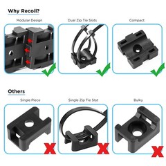 Recoil ZTM25-K100 100Pcs Modular Cable Zip Tie Mounts, Dual Slots, Size 1” X 1”