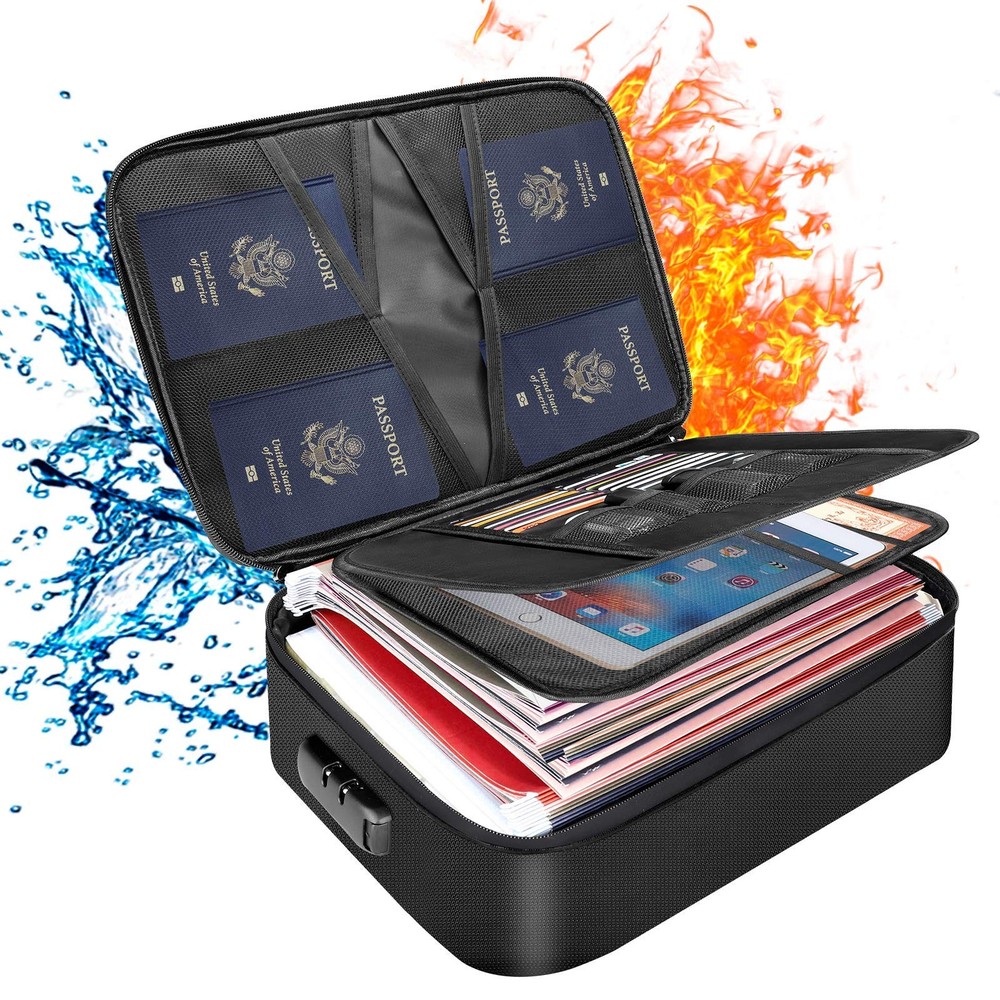Black Fireproof Document Bag With Lock 3Layer Waterproof File Storage Case