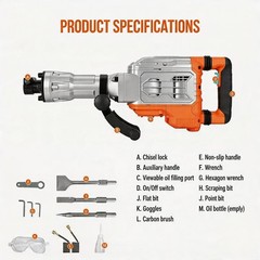 1500W Electric Demolition Jack-Hammer, 1800 BPM Heavy Duty Jack-Hammer Concrete