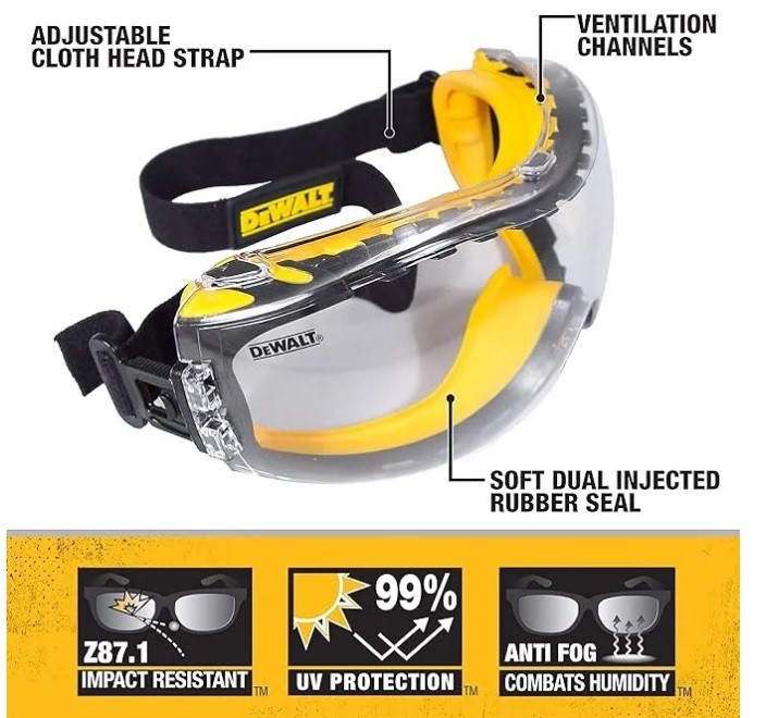 Dewalt DPG82 Concealer Anti-Fog Dual Mold Safety Goggle New
