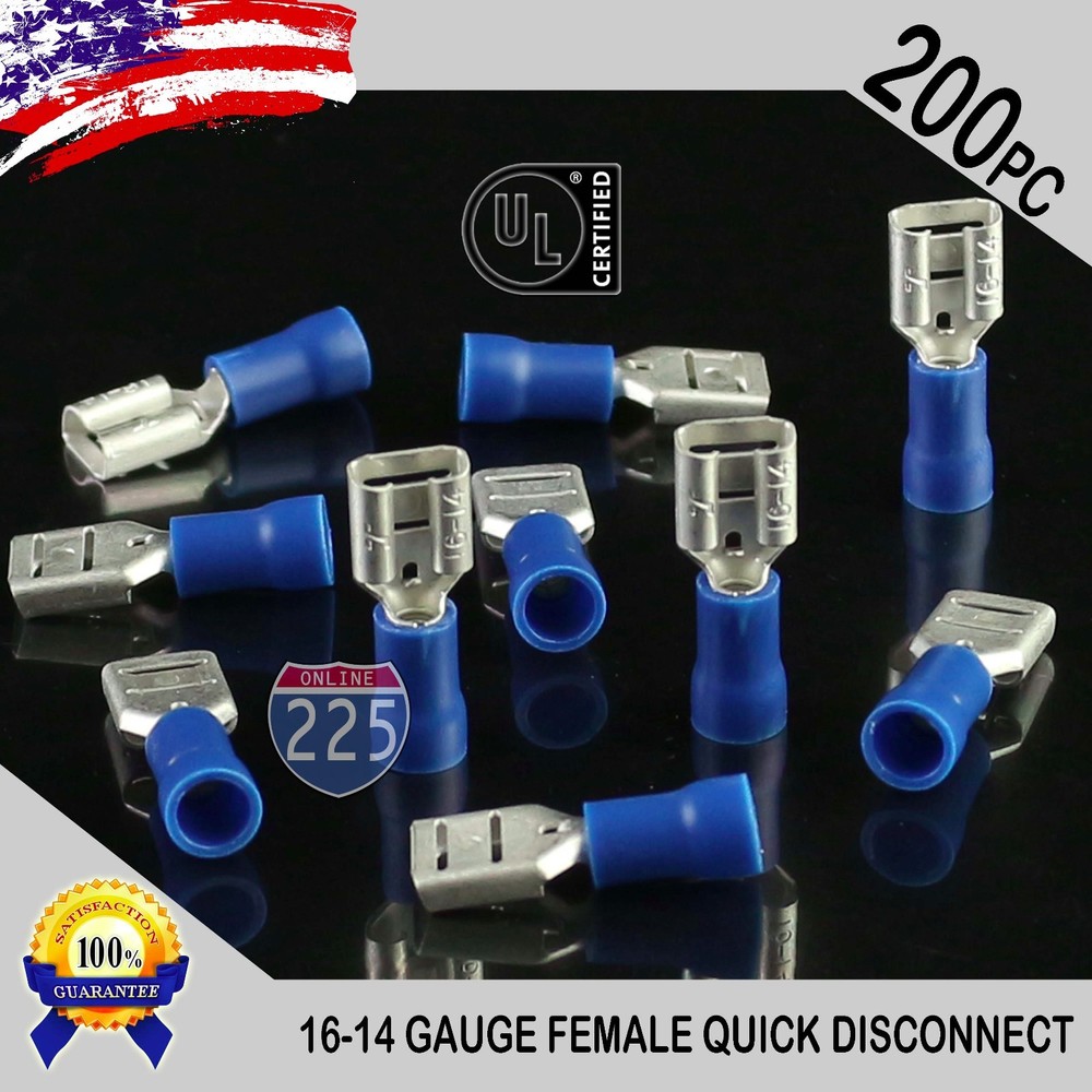 200 Pack 16-14 Gauge Female Quick Disconnect Blue Vinyl Crimp Terminals .250″ US