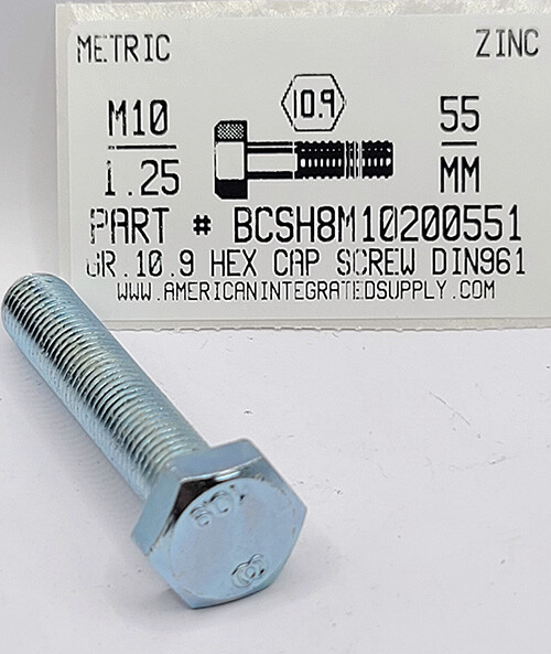 M10-1.25X55MM HEX HEAD CAP SCREWS GRADE 10.9 STEEL ZINC PLATED (5)