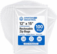 – 12″ X 15″ (100 Count) 2 Mil Clear Reclosable Zip Plastic Poly Bags with Reseal