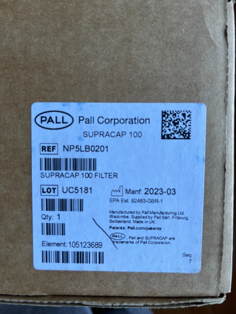 Pall NP5LB0201 SupraCap 100 Depth Filter Capsule, in-Line Style, SEALED In Box!