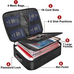 Black Fireproof Document Bag With Lock 3Layer Waterproof File Storage Case