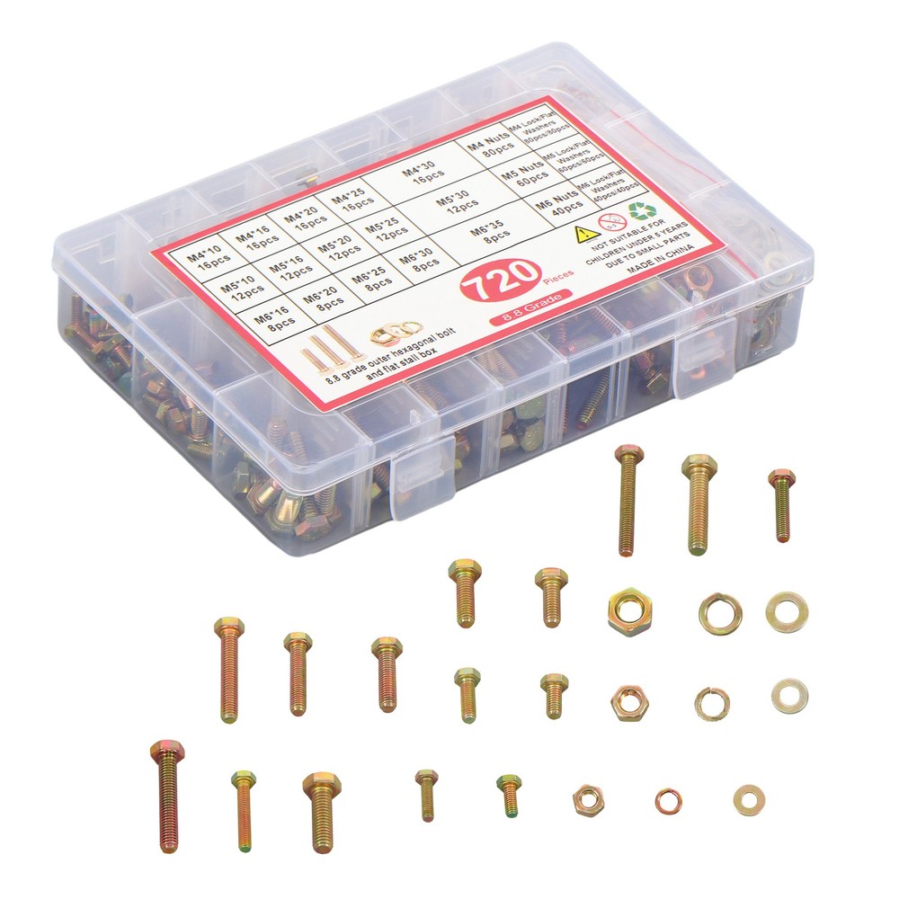 720PCS M4 M5 M6 BOLTS AND NUTS ASSORTMENT KIT GRADE 8.8 ALLOY STEEL HEX 15 SIZES