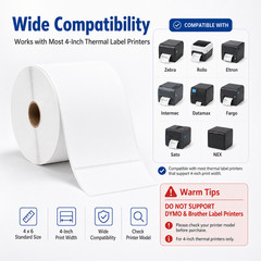 4×6 Thermal Shipping Labels 500 Labels/Roll Compatible Zebra Rollo Jadens 1Roll