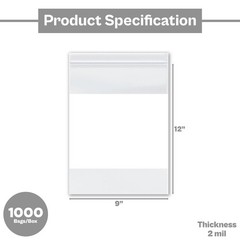 1000 Clear 2 Mil Reclosable Plastic Poly Bags Top Seal 9″ x 12″ with White Block