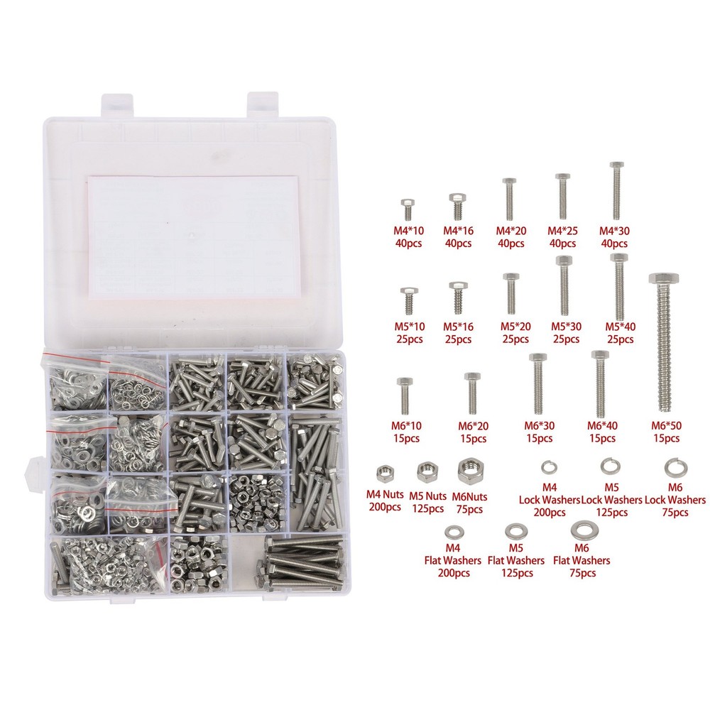 1600 Pcs Heavy Duty Bolts And Nuts M4 M5 M6 Flat & Lock Washers Assortment Kit