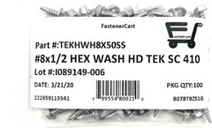 (100) #8 x 1/2 Stainless Steel Hex Washer Head Self Drilling Tapping TEK Screws