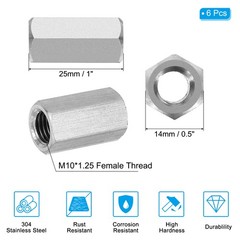 6Set M10 x 1.25 Pitch 25mm Length Stainless Steel Hex Coupling Nut Connector