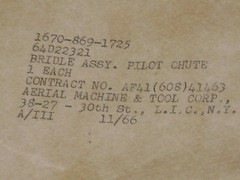 U.S. Air Force Pilot’s Parachute Bridle Assembly VIETNAM WAR ERA 1966