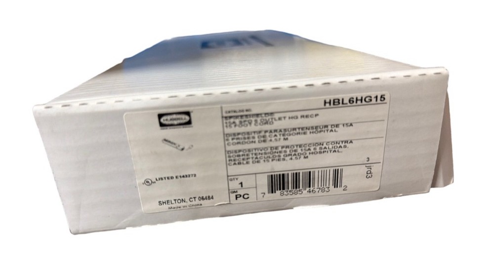 Hubbell SpikeShield HBL6HG15 6-Outlet Hospital Grade Strip 15A 15ft