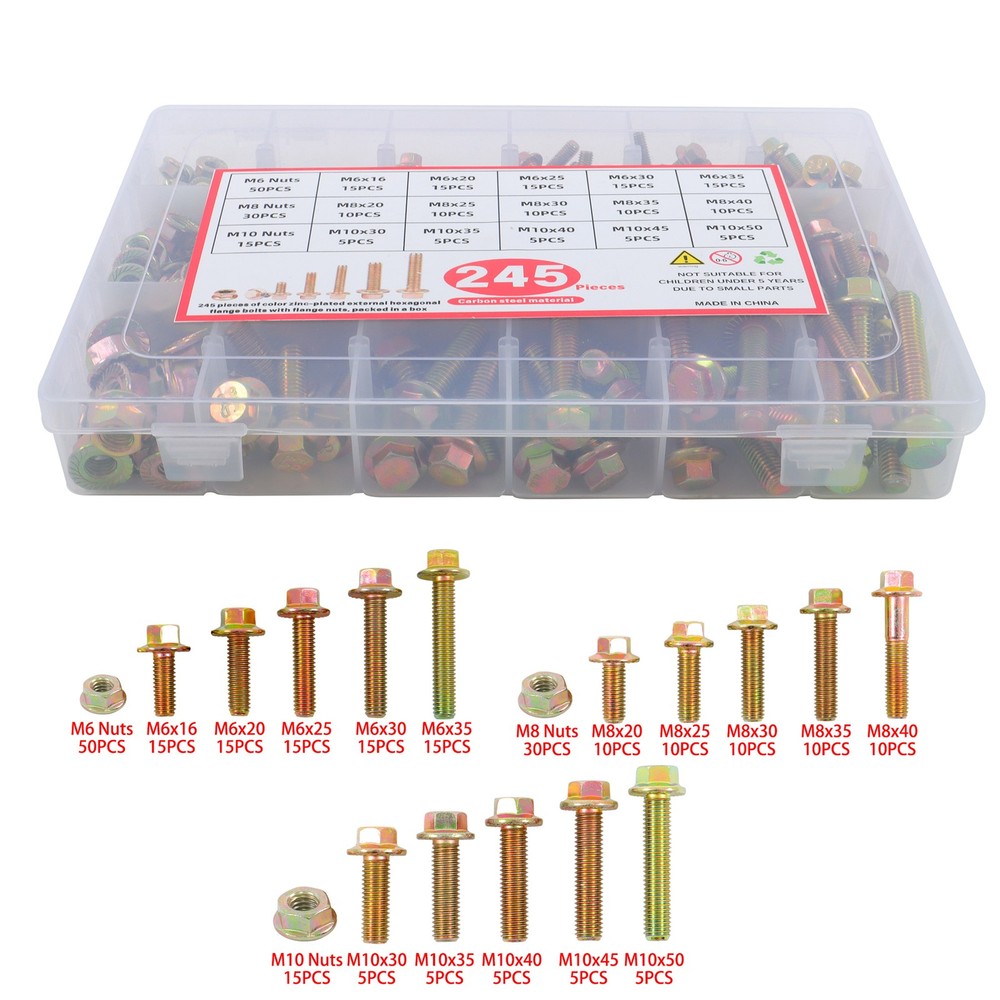 245 Pcs M6 M8 M10 Grade 8.8 Heavy Duty Flanged Bolts And Nuts Kit Metric Flanged