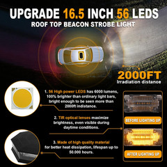 16.5 Inch Roof Top Beacon Emergency Strobe Light 56 LED Magnetic Warning Caution