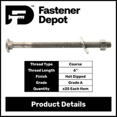 1/2″-13 x 8″ Hot Dipped Galvanized Carriage Bolt Kit w/Nuts & Flat Washers (25x)