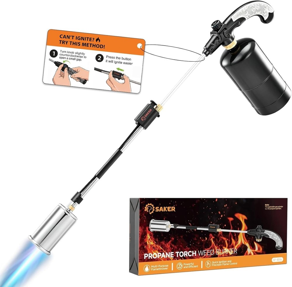 Saker Propane Torch Weed Burner – 45,000 BTU Flame Thrower with 30″ Curved Handl