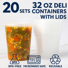 32oz Deli Containers with Lids – 20 Sets, BPA Free, Heavy Duty, Microwavable