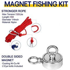 Up to 1500 Lbs Fishing Magnet Kit Pull Force Strong Neodymium + Carabiner+ Rope