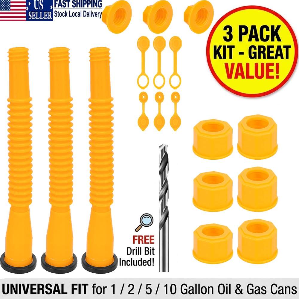 3 Pack Gas Can Spout Replacement Universal Fuel Cans Nozzle Kit 1 2 5 10 Gallon