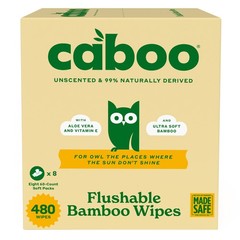 Caboo Unscented Flushable Bamboo Wipes, Hypoallergenic, 8 Packs, 480 Wipes NEW