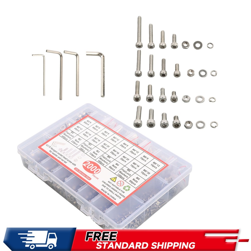 2000pcs Metric Bolt Assembly 304 Stainless Kit M2-M5 (Lock And Flat Washer )