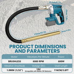 Cordless Handheld Concrete Vibrator Tool, Compatible with Makita 18V Battery (No