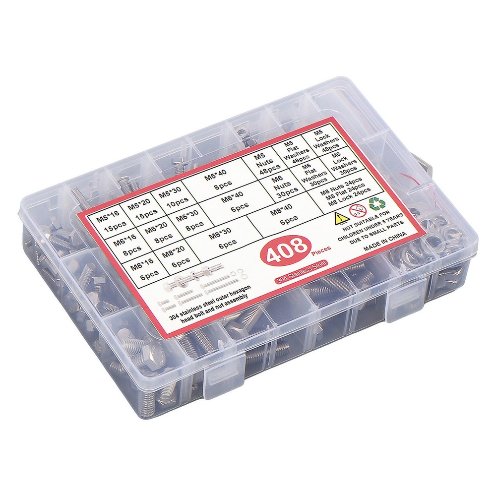 408 × Stainless Steel 304 (18-8) A2 Hex M5 M6 M8 Bolts And Nuts Assortment Kit