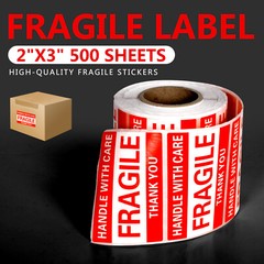 500PCS 1Roll Fragile Stickers 2×3 Fragile Label Sticker Handle With Care Mailing