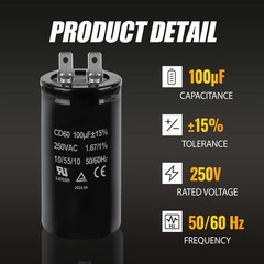 2 PCS 100uF MFD 15% CD60 250VAC 50/60Hz Motor Start Capacitor Electric