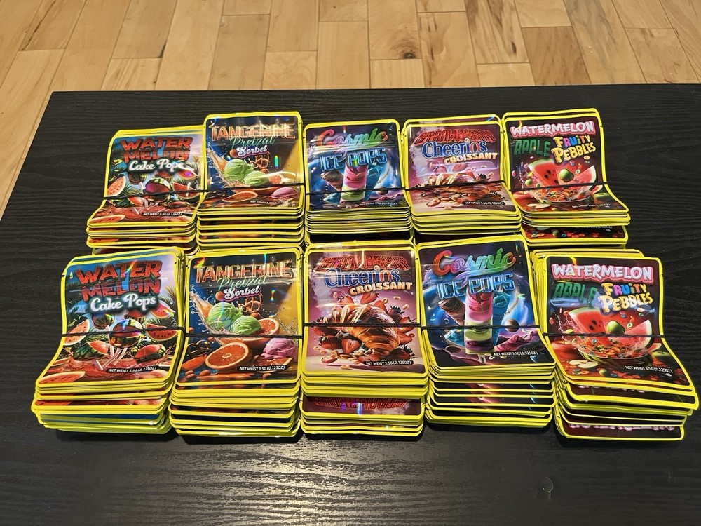 500pc Mixed 3.5g Mylar Bags 5×4 Inch 5 Different Premade Designs