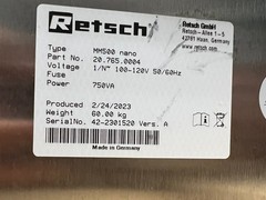 Retsch Mixer Mill MM 500 nano, 100-120 V, 50/60 Hz – 443 Usage hours