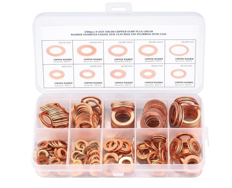 9 Size Copper Crush Washer Kit – 200pcs for Electrical & Automotive Applications
