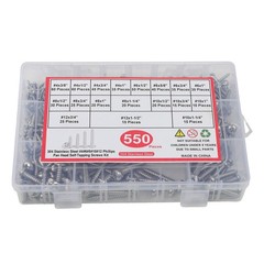 550Pcs 304 SS Wood Screws, Phillips Head #4 #6 #8 #10 #12 Assortment